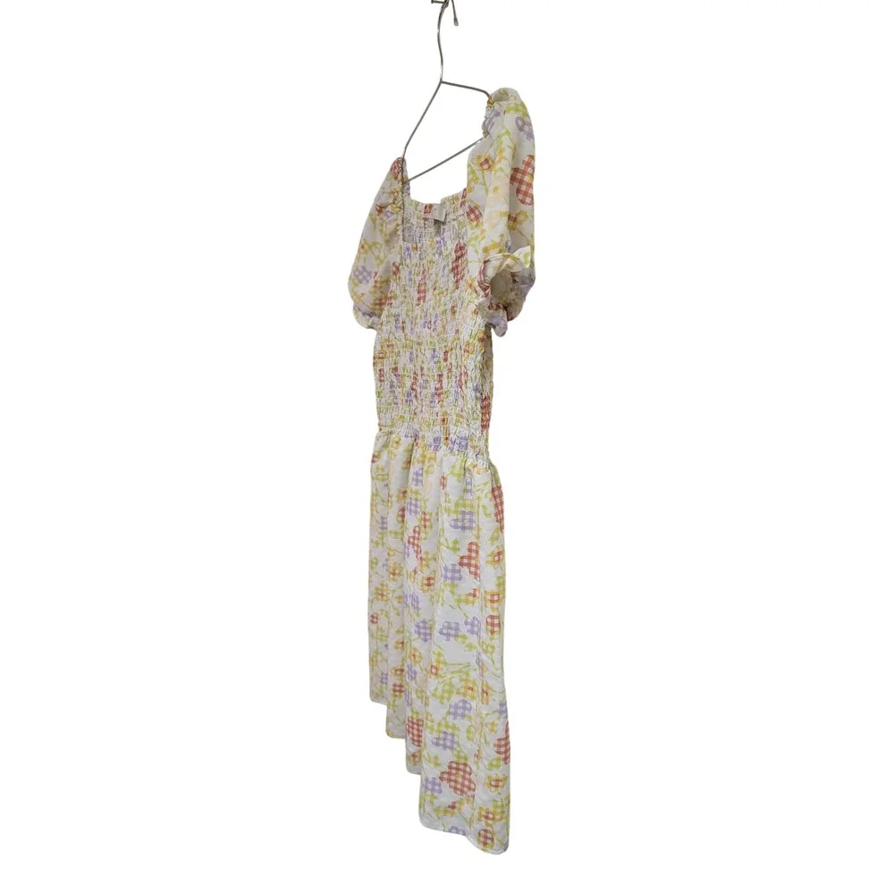 Loft Gingham Flower Puff Sleeve Dress Mini Smocked Cute Girlie‎ Pastel Medium